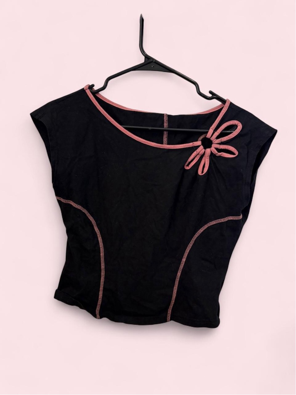 Women's Black Top with Pink Trim and Flower Cut Out Accent